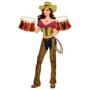 Cowgirl or cartoon bar girl holding beer mugs in western style