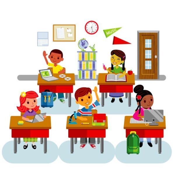 Cute students in classroom with different elements and class interior