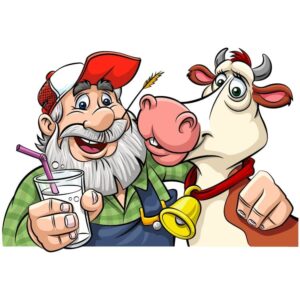 Dairy farmer holds a milk glass with straw in his hand with the swarm standing next to a laughing cow