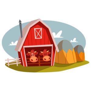 Farm scene with animals and barn