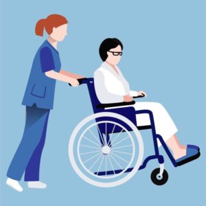 Female nurse pushing a wheelchair for business man or Doctor helps patients ride wheelchair