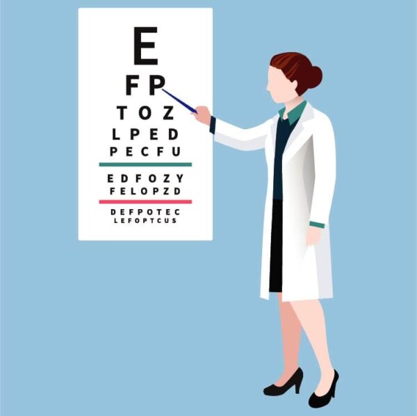 Female ophthalmologist doctor examining with snellen vision eye test chart for patient visual acuity