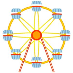 Ferris wheel with colored cabins for passengers in circus festival fair scenery or city amusement park