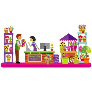 Florist plant shop woman cashier desk in flower store and man or boy purchasing potted plants and bouquets