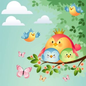 Funny birds on tree branch with family birds mother queen and butterflies