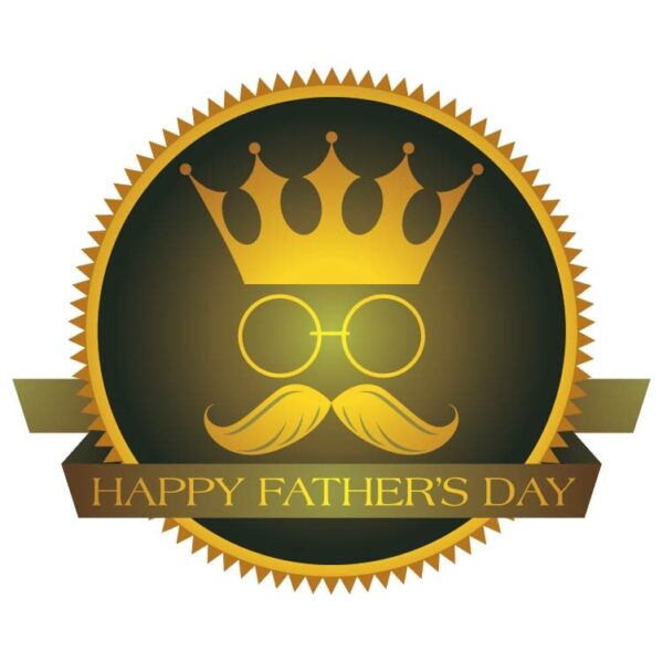 Gold color happy fathers day with crown glasses and Moustache label