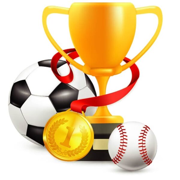 Golden trophy cup in cricket ball and football game with red riboon and 1st gold coins