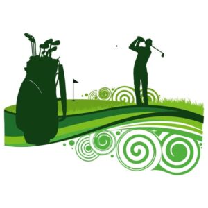 Golfer swinging and bag with green swirl flourish silhouette