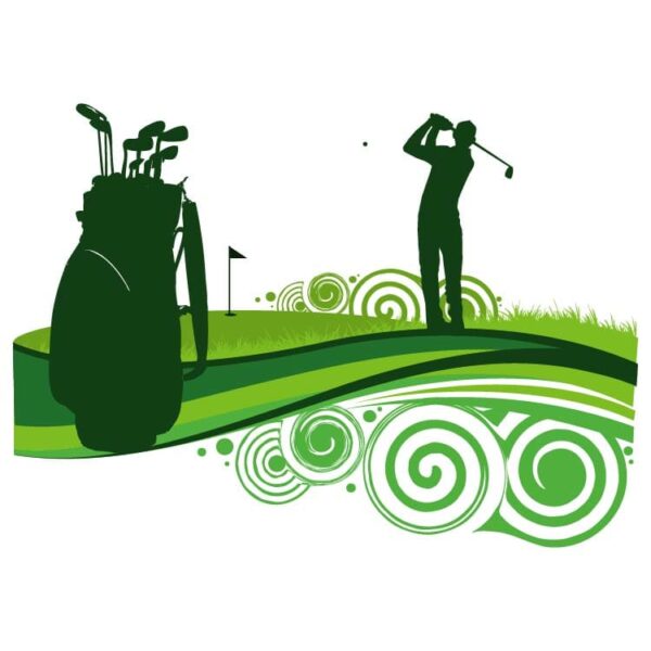 Golfer swinging and bag with green swirl flourish silhouette