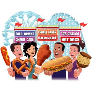 Happy boys and girls showing different junk foods in circus festival fair scenery or city amusement park