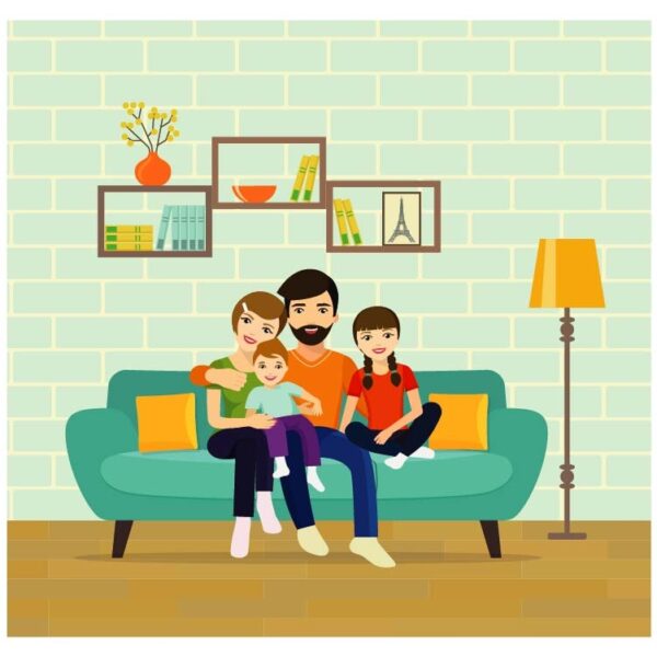 Happy family mother father and children sitting on sofa with home interior