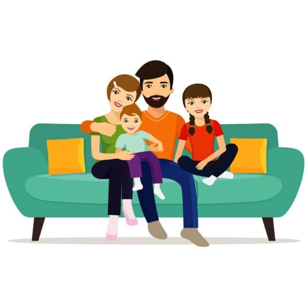 Happy family mother father with children sitting on sofa and enjoying family group