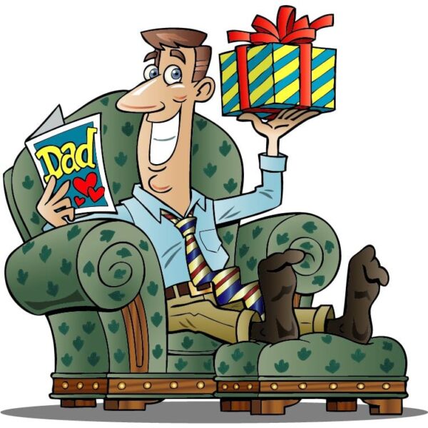 Happy fathers day and father sitting on armchair or sofa with gift box in hands