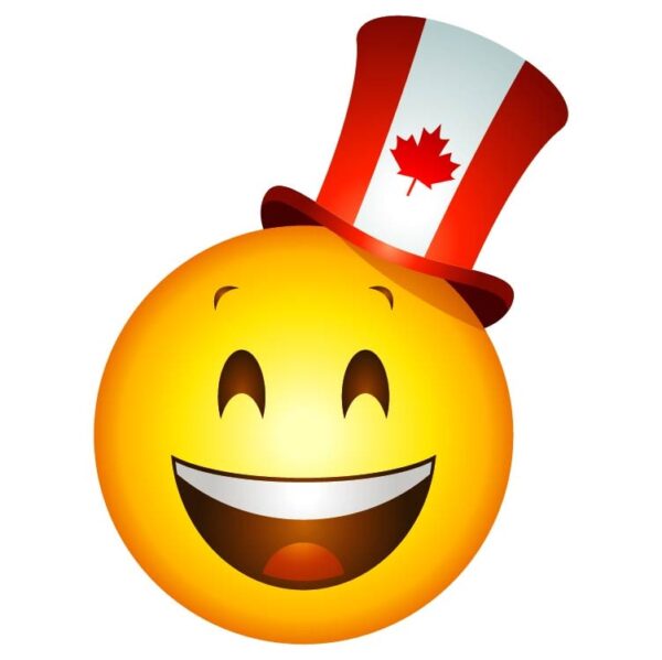 Happy patriotic yellow cartoon emoji face character wearing canadian maple leaf hat