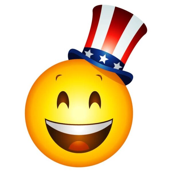 Happy patriotic yellow cartoon emoji face character wearing united states of america flag uncle sam hat