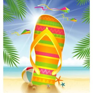 Hello summer slippers footwear or flip flops at the beach beach ball and kites with blue sky