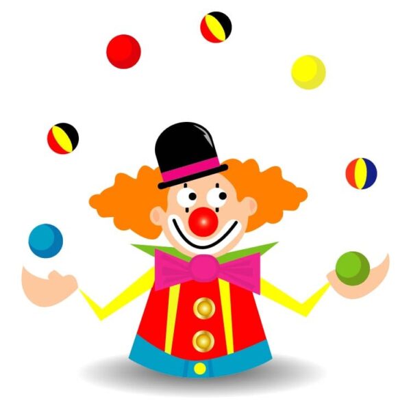 Joker is playing with colorful balls in circus festival fair scenery or city amusement park