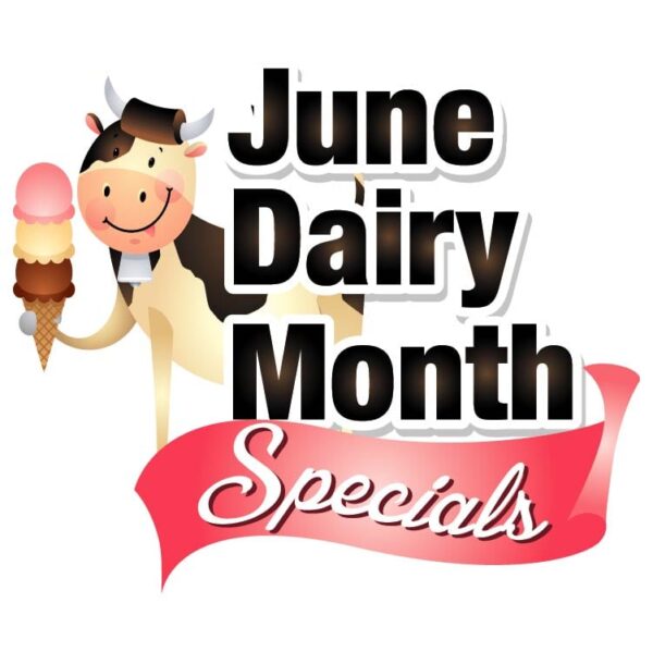 June dairy month specials with cow holding milk products in hand