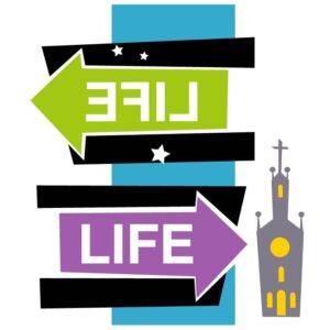 Life sign with stars and in foreground church