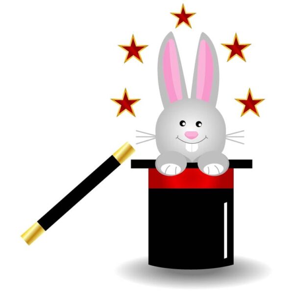Magic black hat with white rabbit bunny in circus festival fair scenery or city amusement park