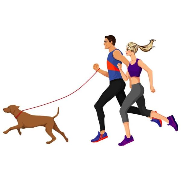Man and woman or couple running with a dog