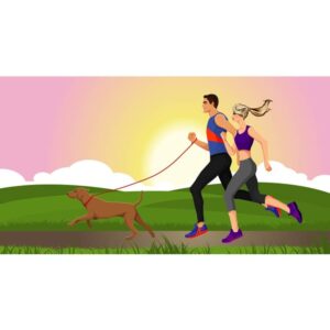 Man and woman or couple running with a dog in garden