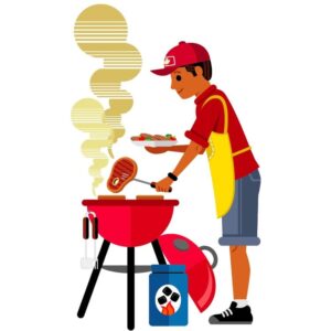 Man prepares or cooking barbecue meat on grill over fire