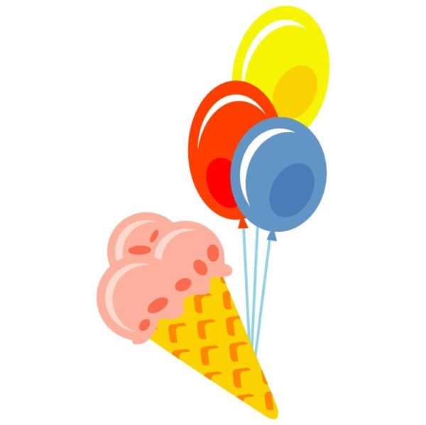 Melting ice cream balls in the waffle cone with balloons