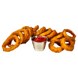 National onion rings day or Homemade fried breaded crispy onion rings with tomato ketchup