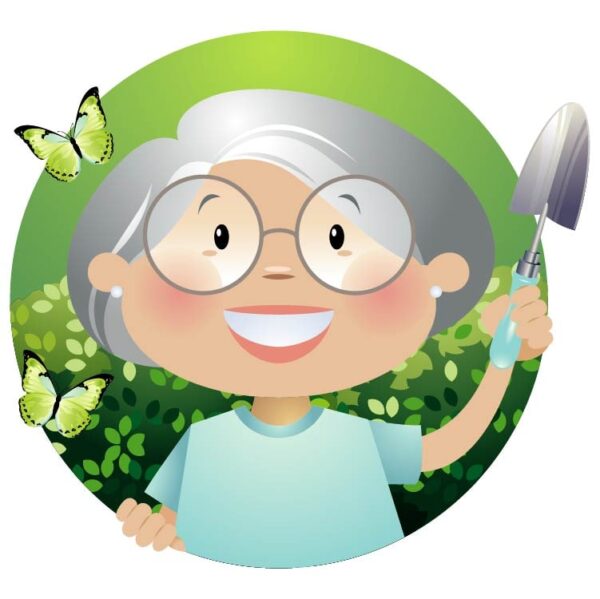 Old woman or grandmother small shovel her hand for transplanting plants or gardening and butterflies