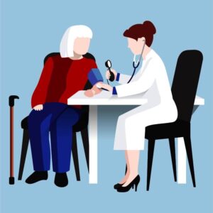 Old woman patient at the female doctor in uniform measuring blood pressure in the hospital clinic office