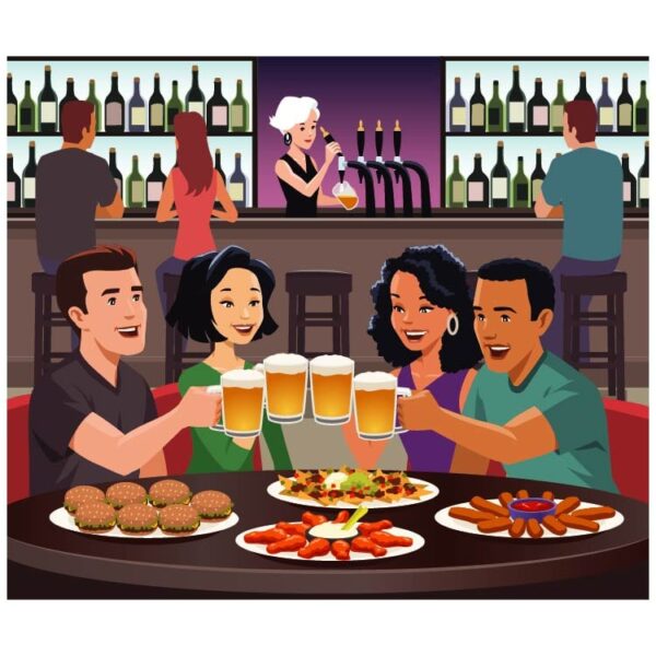 People sitting in bar near counter celebrate the beer with snacks and foreground bar girl with some customers