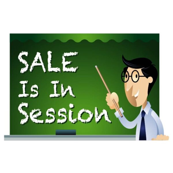 Sale is in session written on blackboard and teacher teaching in classroom-01-min