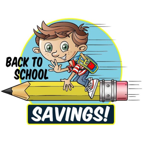 School boy sitting on a pencil flying to school theme back to school savings