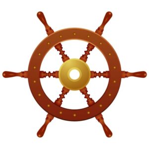 Ship wheel helm steering or boat wooden wheel control icon in gold and bronze ornaments