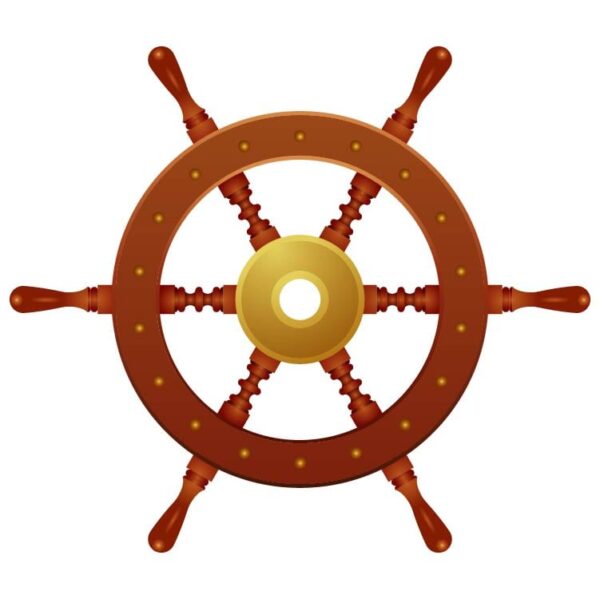 Ship wheel helm steering or boat wooden wheel control icon in gold and bronze ornaments