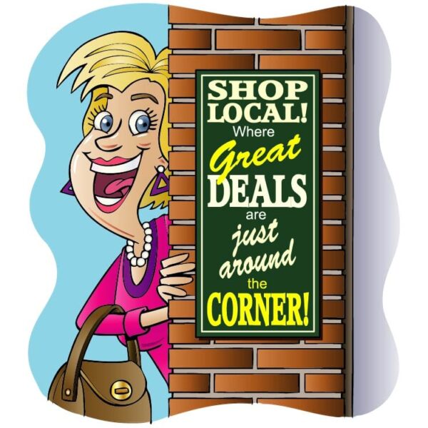 Shop local where great deals are just around the corner with female poster