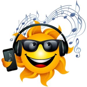 Smiling happy sun with sun glasses holding smartphone and his ear putting headphones listen songs