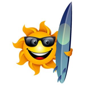 Smiling sun wearing sunglasses and holding surf board