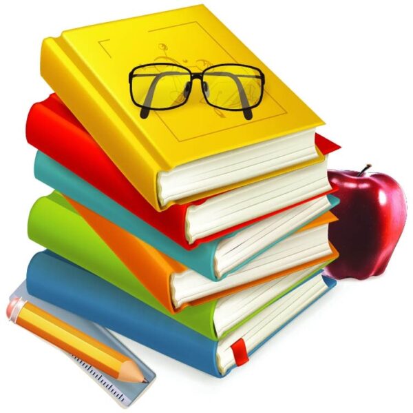 Stack of books and notebooks glasses with pencil scale apple