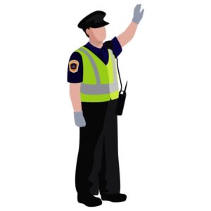 Stop or safe driving instructions by police officer or police man in uniform standing to control traffic on road