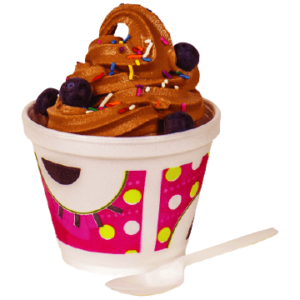 Sweet frog frozen yogurt in cup and spoon or Chocolate soft serve in cup and spoon