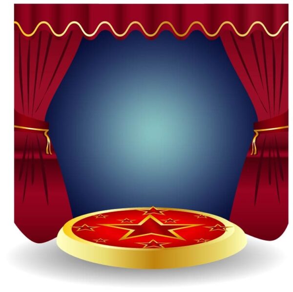 Theater circle circus stage with star and red curtain