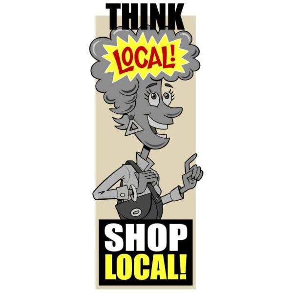 Think local shop local with smiling woman an afro hairdo
