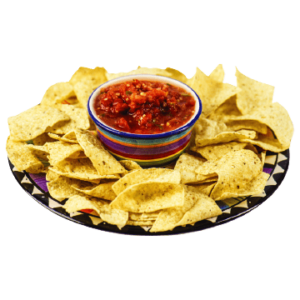 Tortilla chips and bowl of salsa on blue