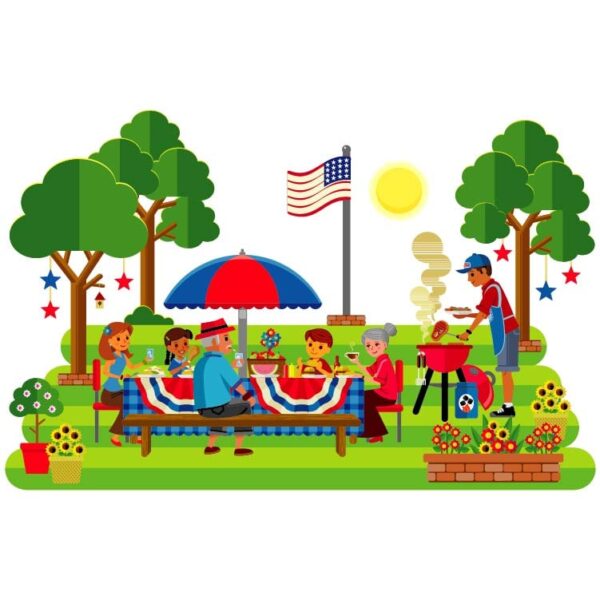 USA happy family with kids celebrate picnic in garden having bbq outside and cheerful chef cooking hot barbeque