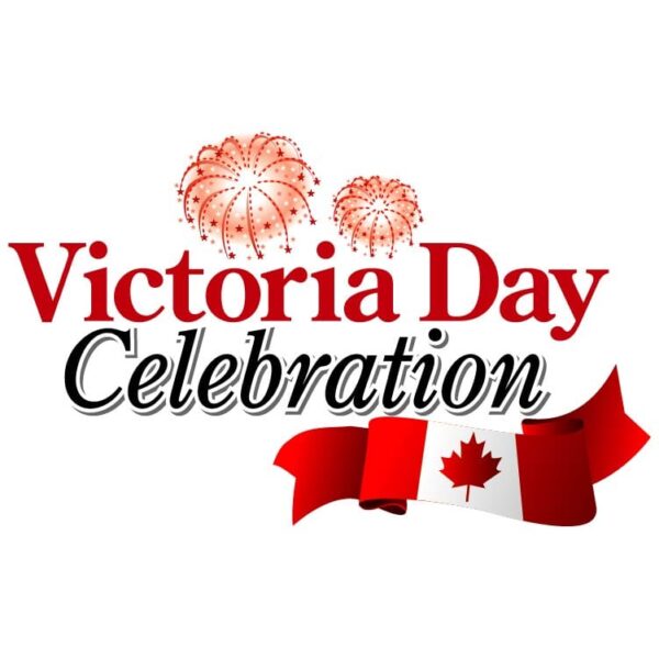 Victoria day sale with fireworks and canadian flag with maple leaf