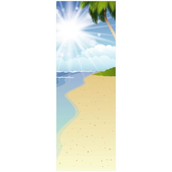 Warm tropical beach sunny day with palm trees in foreground banner with copy space