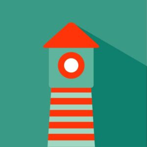 Watchtower or lighthouse icon in red and light green color