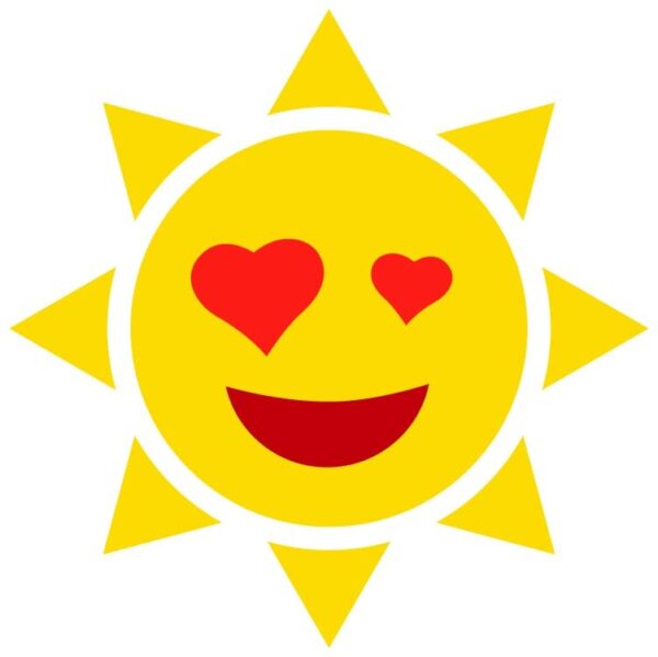 Winking cartoon sun mascot with eye ball in love shape
